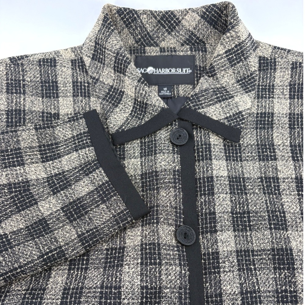 Sag Harbor Suit Women Black Beige Plaid Button Front Blazer Jacket Size 16 Lined